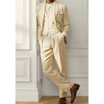 Handsome Linen Men Three Pieces Suit Jacket Pants Vest Business Casual Formal Occasion Male Clohting