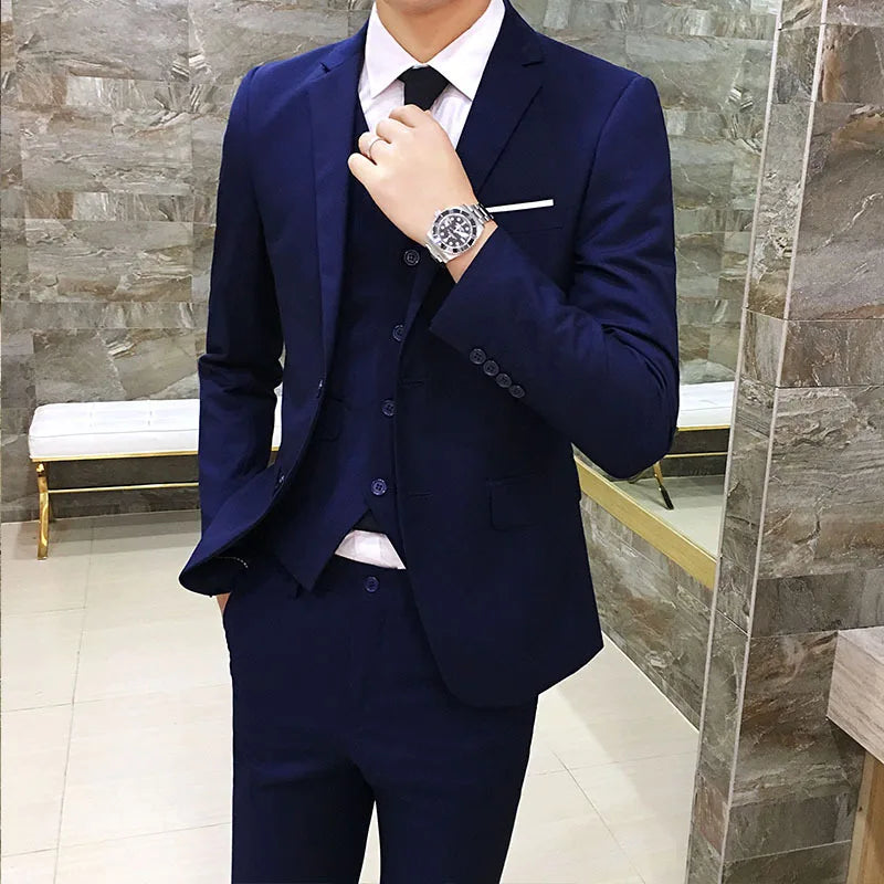 Spring Autumn New Fashion Men's Solid Color Slim Suit Sets Casual Trendy Business 3 Pieces Sets Blazers Waistcoat Pants Male