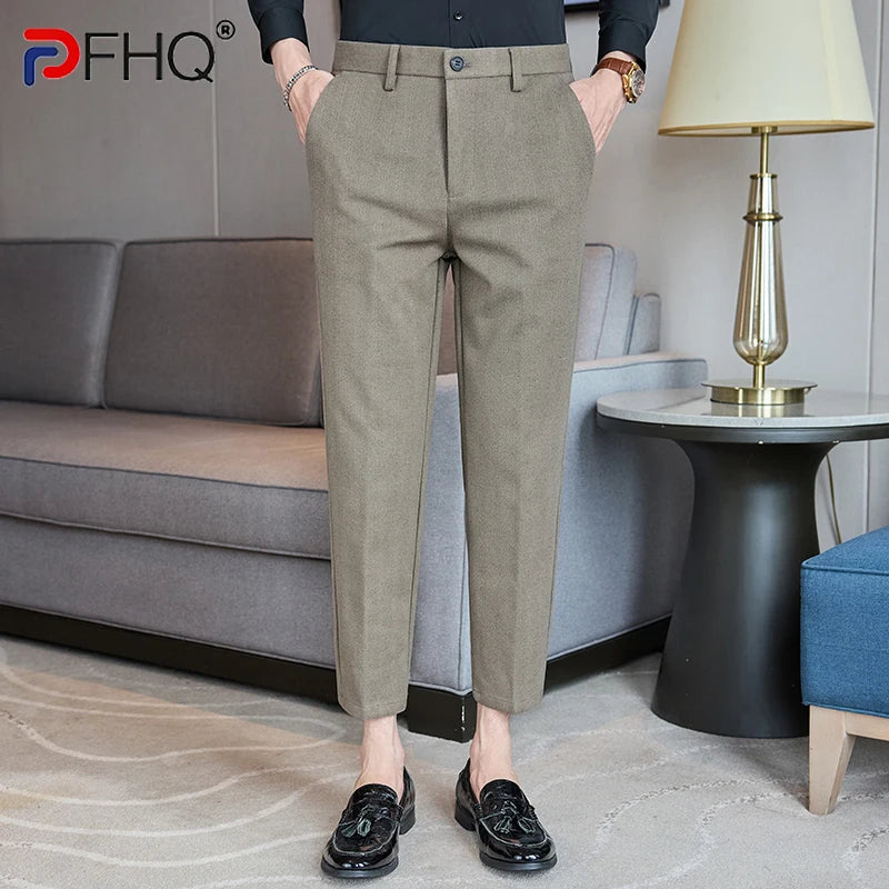 PFHQ Winter Woolen Slim Fit Casual Suit Pants 2024 Korea Fashion Loose Business Solid Color Male Trousers Stripe 21Z7516