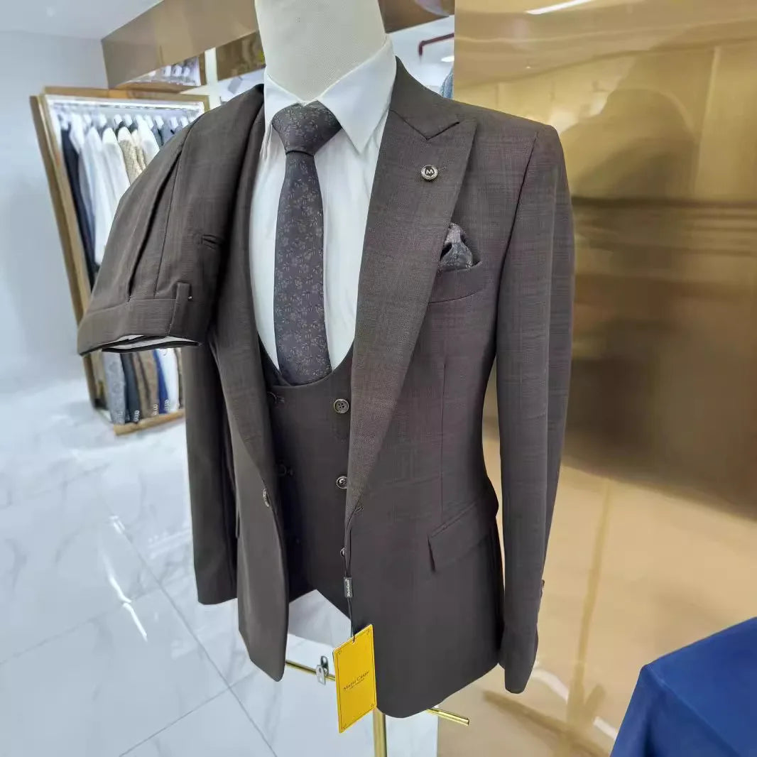 2023 Fashion New Men Leisure Boutique Business Plaid Striped Suit Vest Pants 3 Pcs Set Casual Dress Blazers Jacket Coat Trosers