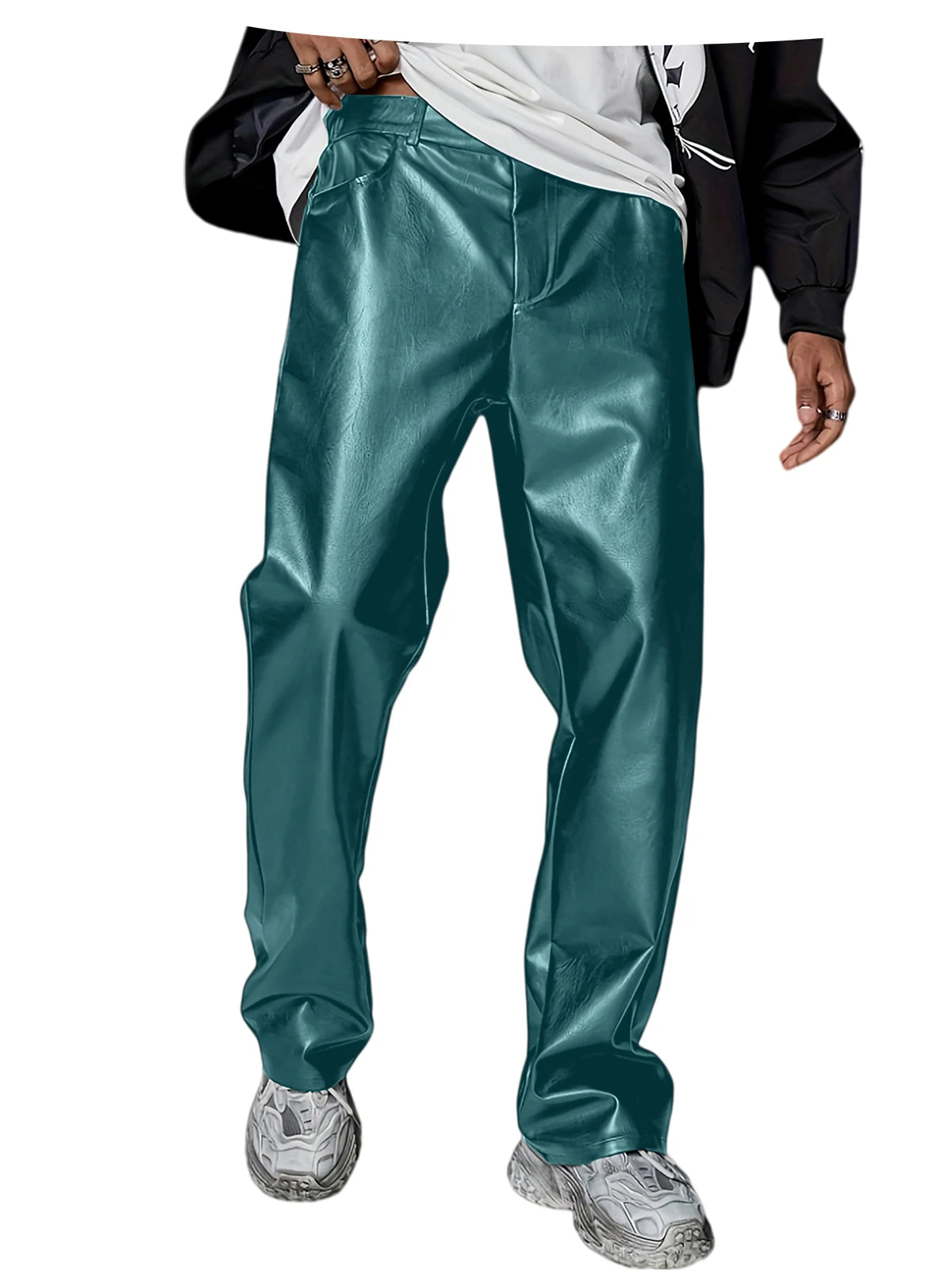 Men's Faux Leather Wide Leg Pants High Waist Loose Straight Trousers Hip Hop Streetwear Club Party Casual Bottoms