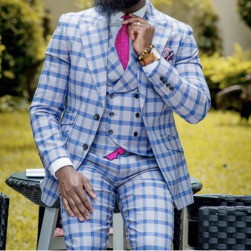 Blue White Plaid 3 Pieces Men Suit Wedding Groom Tuxedo High Quality Dinner Party Dress Business Casual Male Clothing