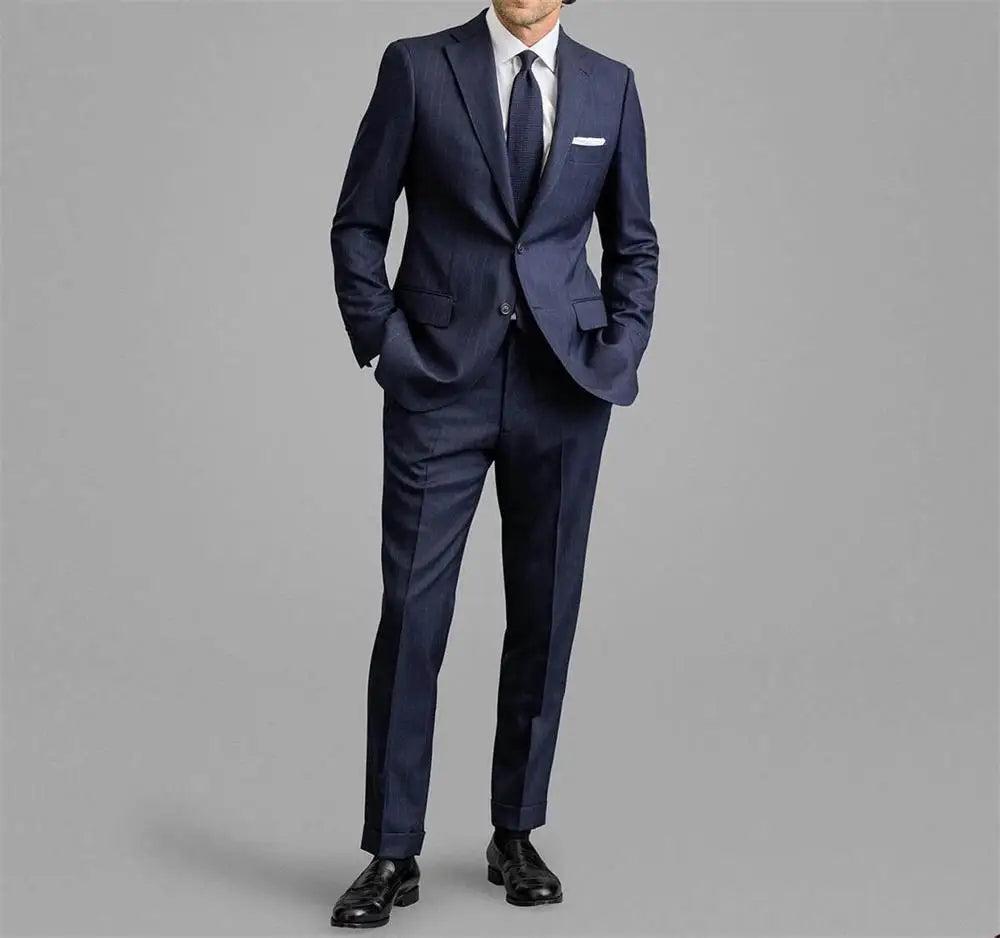 Cotton Business Classic Pinstripe Men Suits 2pcs suit Jacket suit pants Groom Wedding Wear striped Wedding Business suit custom