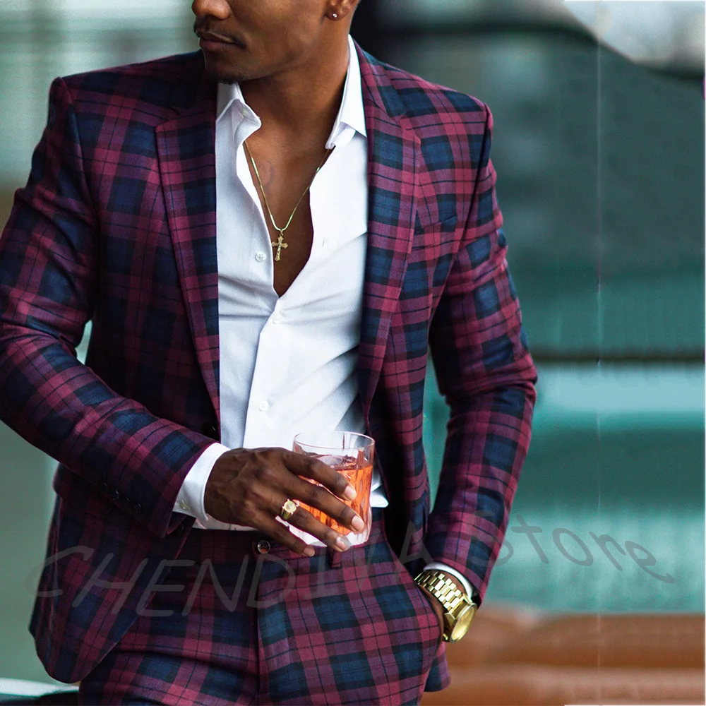 Customized Plaid Men Suits High Quality Nocth Lapel Single Breasted Jacket Pants Wedding Boyfriend Suit Club Prom Fashion Set