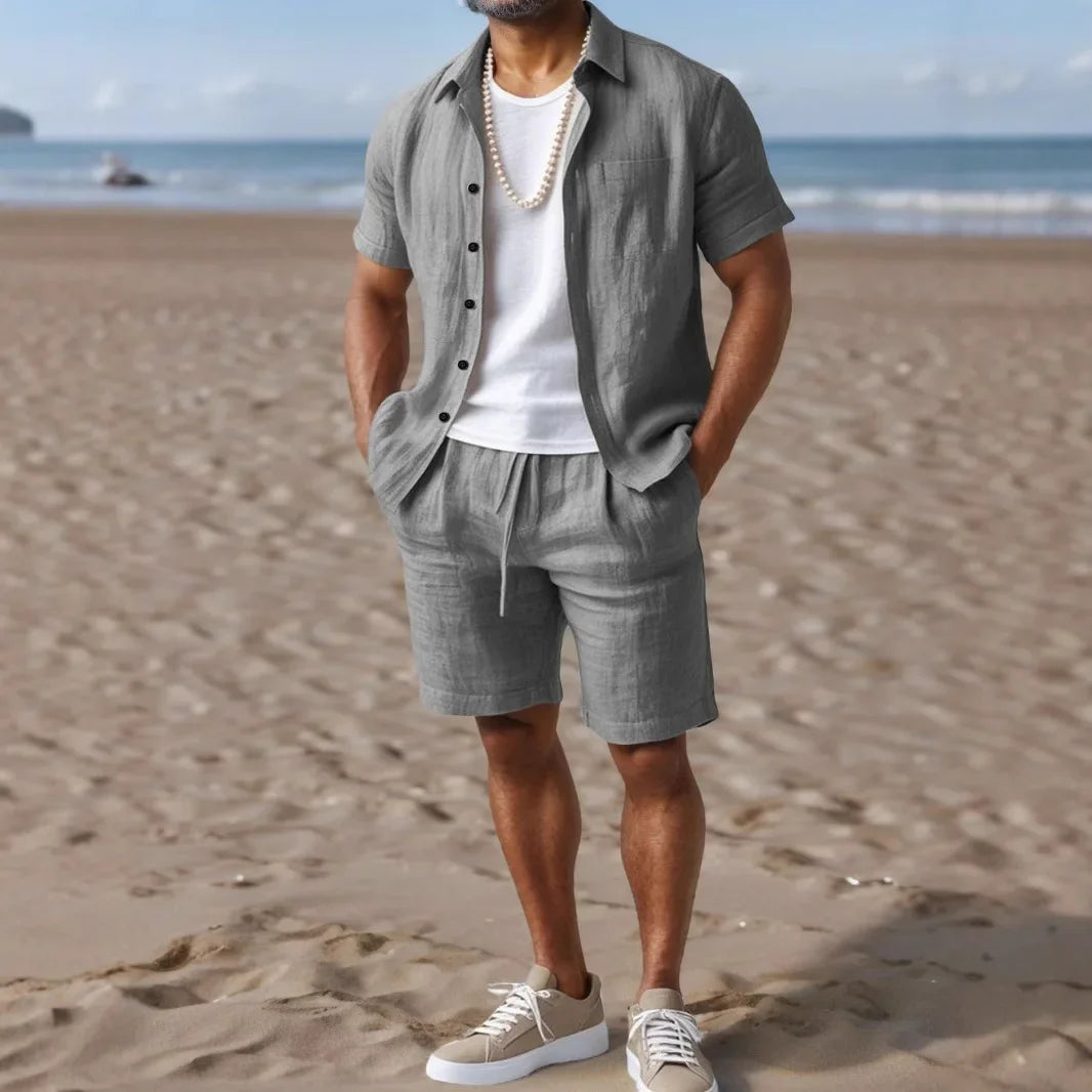 Casual Linen Shirt And Outdoor Beach Pants Set for Men Button down Collar Loose Fit Solid Color Cross-Border Outfit