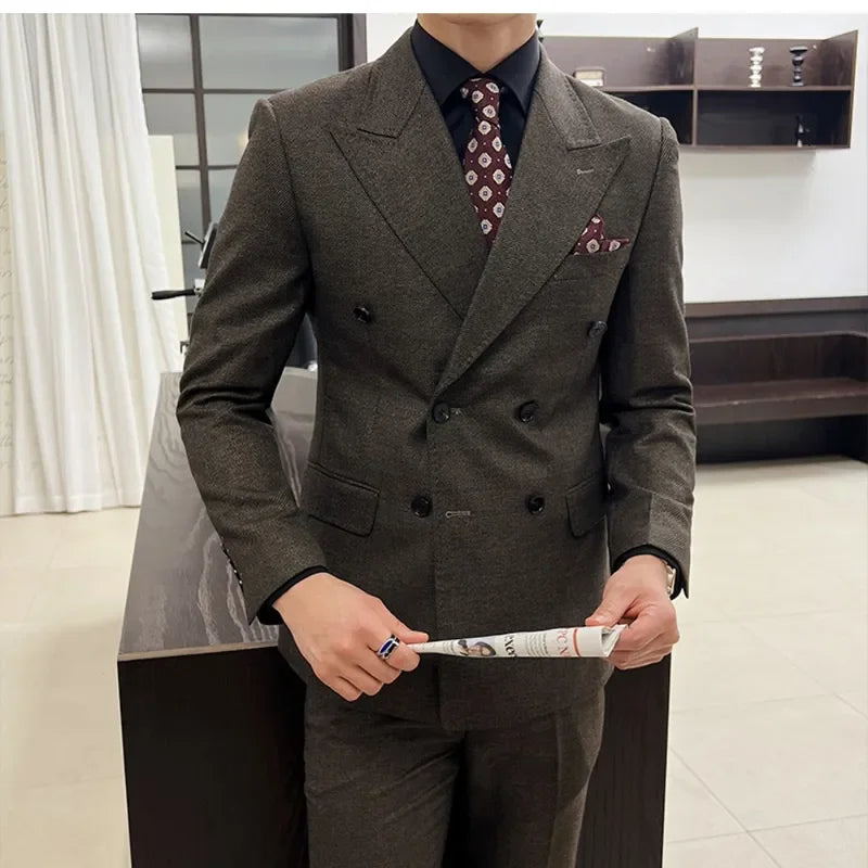 2 Slits Formal Suits Slim Fit Business Set (Jacket +Pants ) Men's Double Breasted Suits 2024 Terno Masculino Men's Peak Lapel