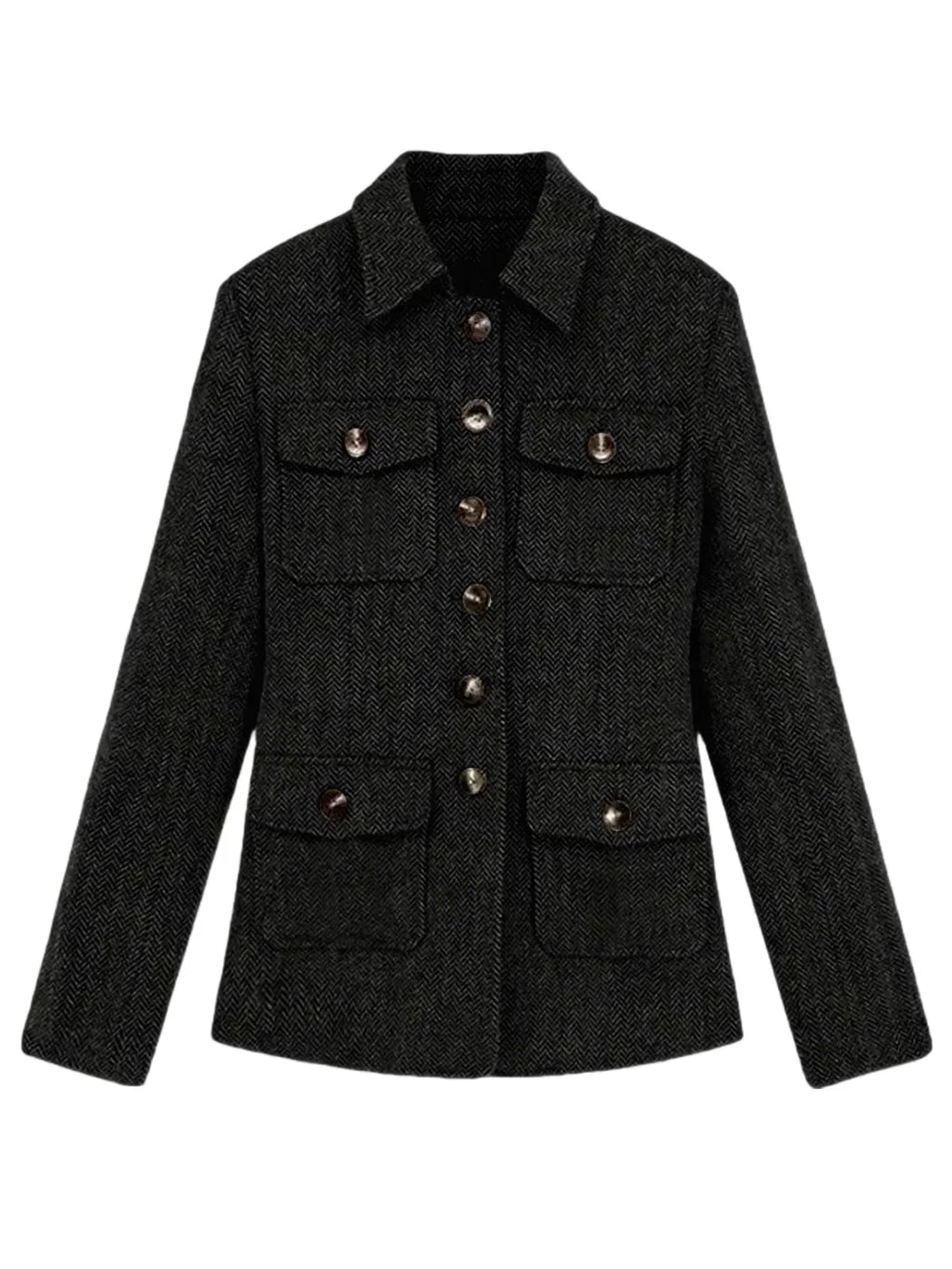 Men's Herringbone Wool Blend Blazer Jacket Notch Collar Utility Multi-Pocket Casual Overcoat For Spring Autumn
