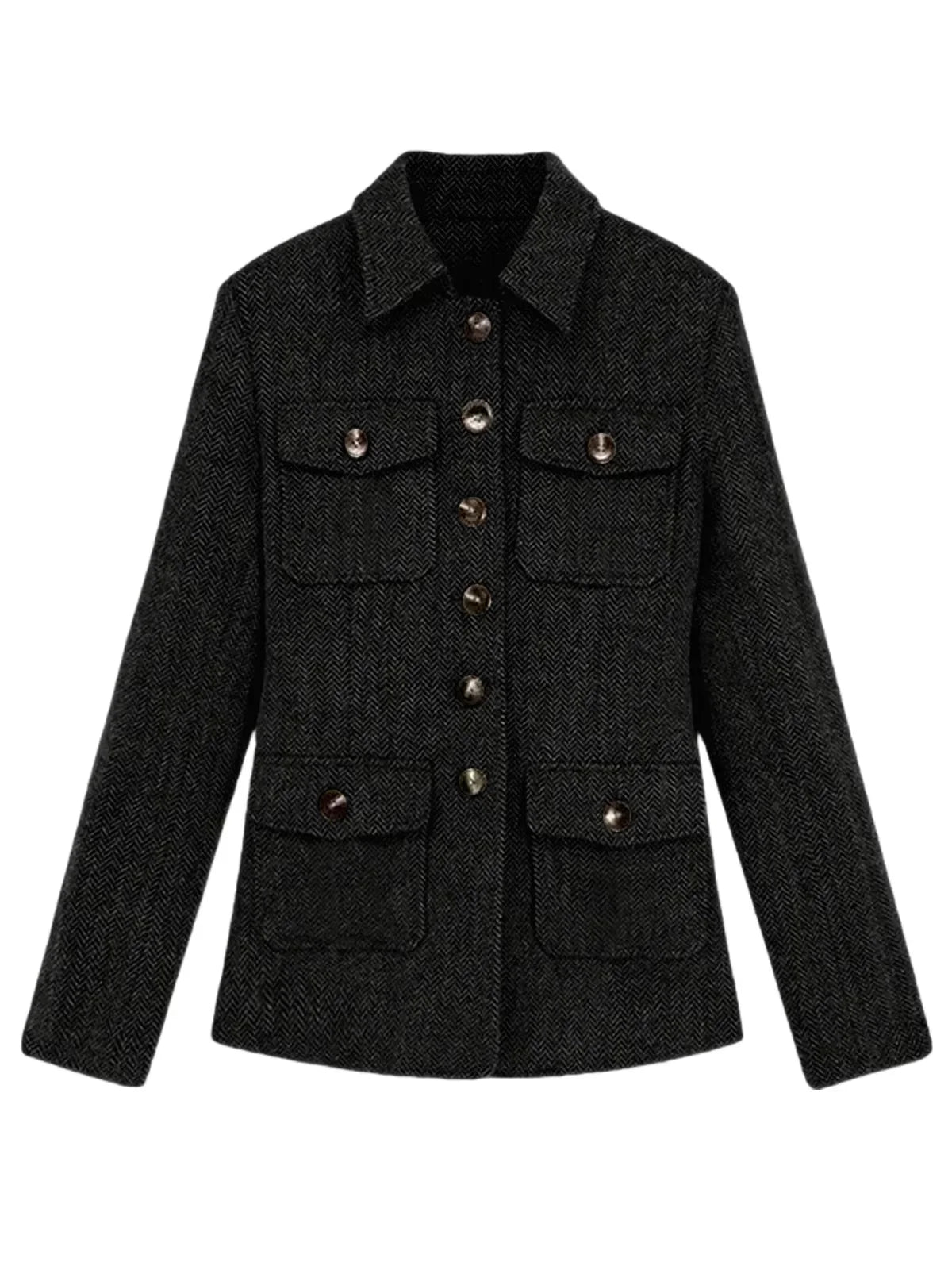 Men's Herringbone Wool Blend Blazer Jacket Notch Collar Utility Multi-Pocket Casual Overcoat For Spring Autumn