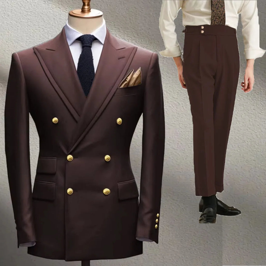 Navy Blue Men's Suit jacket Trousers 2 pieces Set Fashion Metal Buckle double-breasted Blazers Slim suits Coat Business Wedding