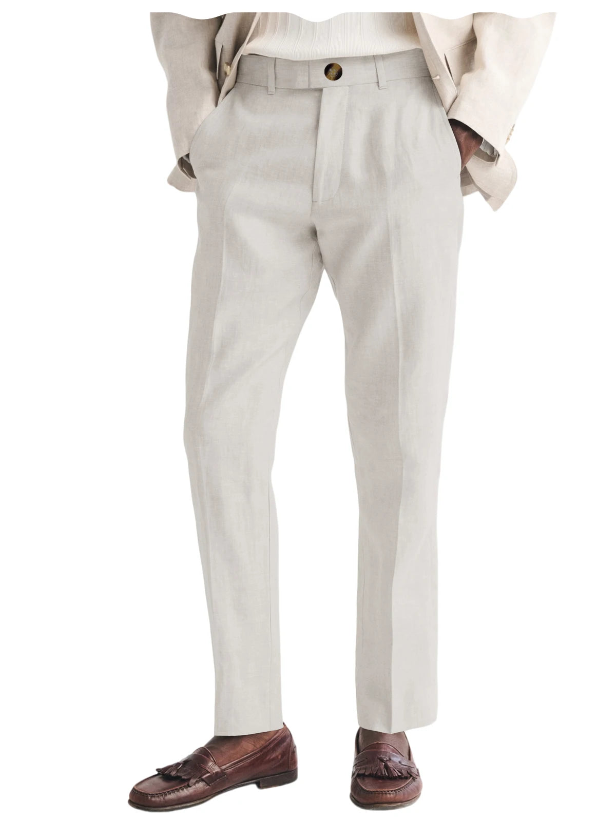 Men's Linen Straight Fit Pants Wrinkle-Resistant Lightweight Breathable Flat-Front Casual Trousers Expandable-Waist For Summer