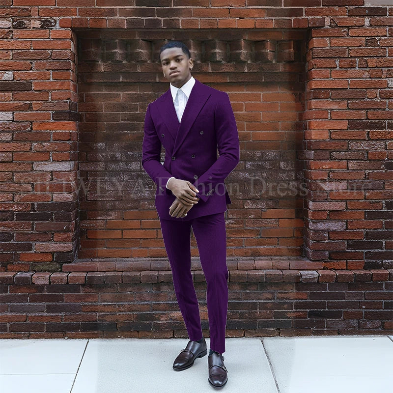 Grey Double Breasted Men's Suit 2 Pieces Jacket Pants Business Casual High Quality Office Stylish Male Clothing