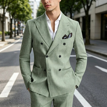 Sage Green Prom Suits For Men 2 Pieces Linen Summer Men Suits Slim Fit Casual Formal Outfit Blazer Pants Set For Party