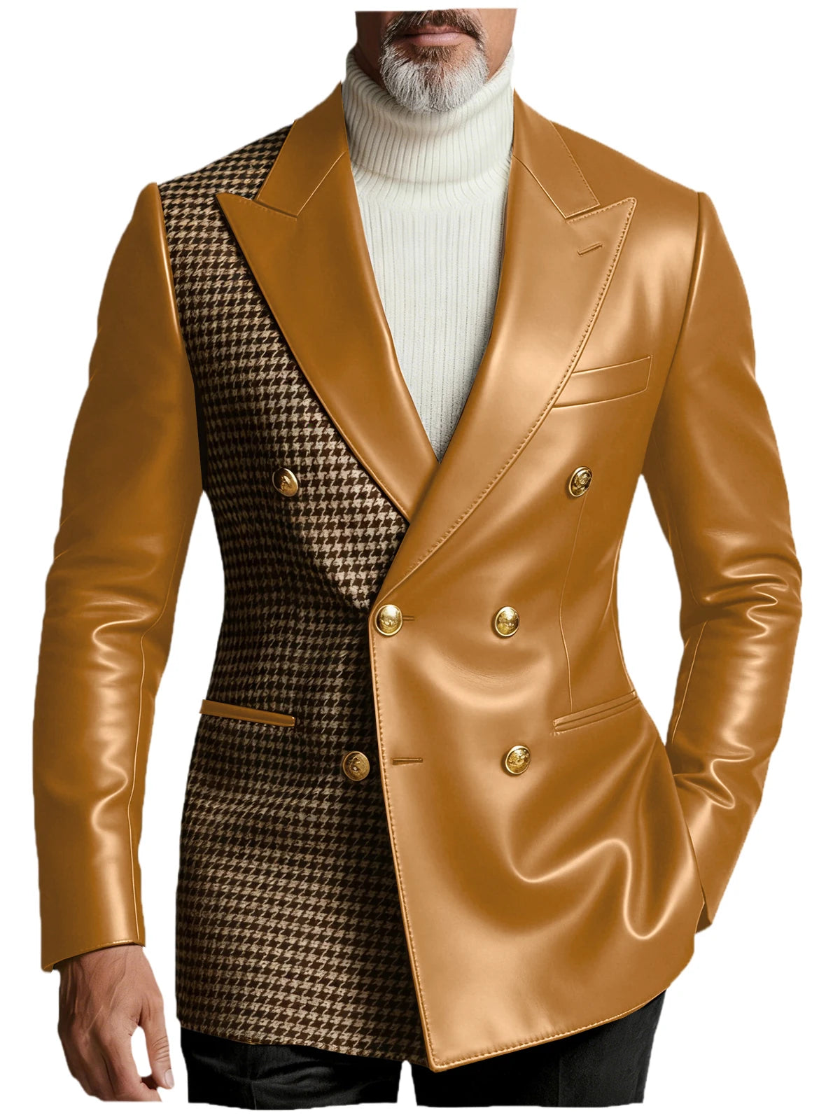 Men's Houndstooth Faux Leather Patchwork Blazer Jacket Double Breasted Peak Lapel Gold Button Slim Fit Suit For Business Casual