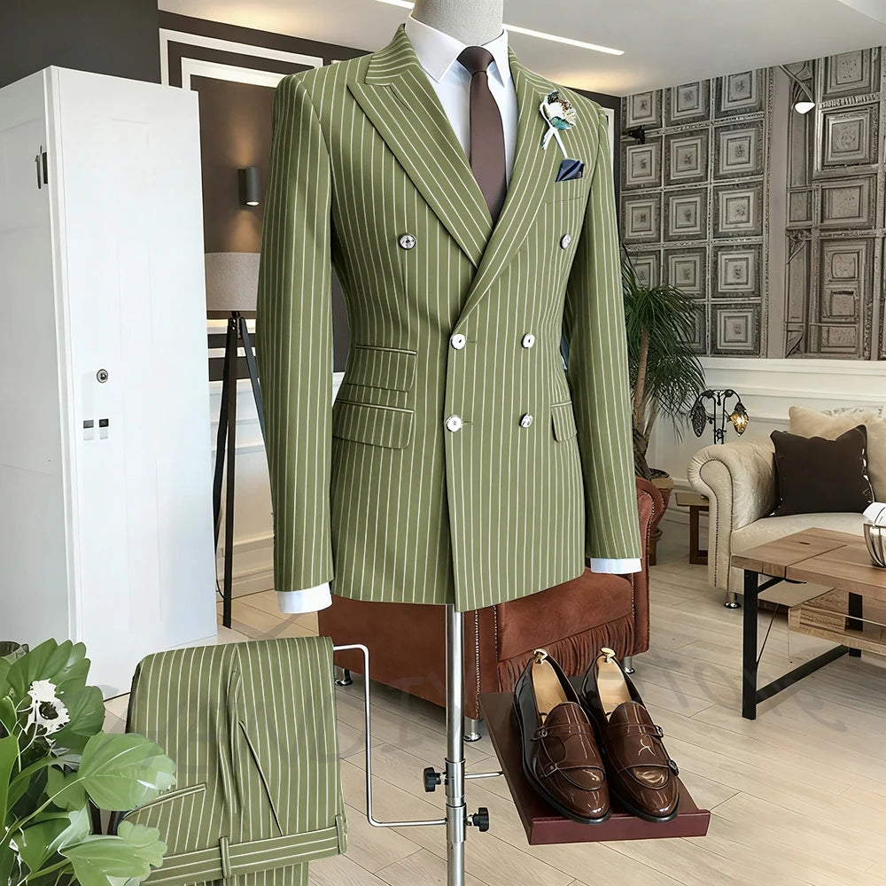 Brown Striped Men Suits Double Breasted Formal Outfits 2 Piece Male Clothing Business Casual Tailored Party Prom Jacket Pants