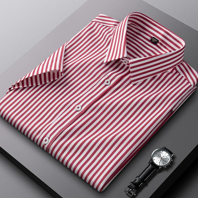 Casual summer short sleeve shirts for men striped elatic social slim fit formal shirt Business class fit thin easy-care clothes