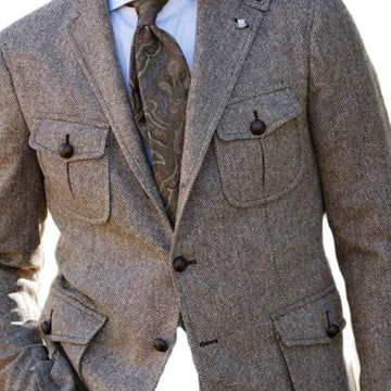 1 PCS Men's Suit Brown Herringbone Blazer Prom Tuxedos Wool Tweed Single Breasted Two Buttons Bussiness/Wedding Jacket