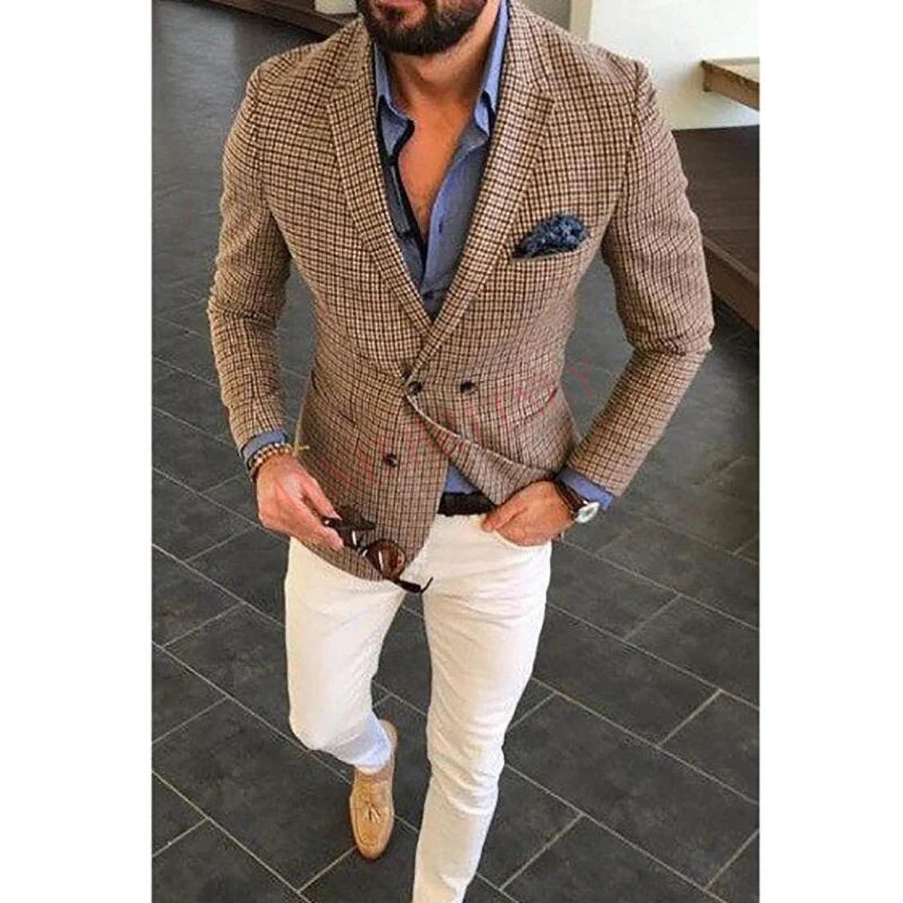 Fashion Lattice Men's Suit Slim Fit Prom Wedding Suits For Men Groom Tuxedo Jacket Pants Set Custom Casual Formal 2 Piece