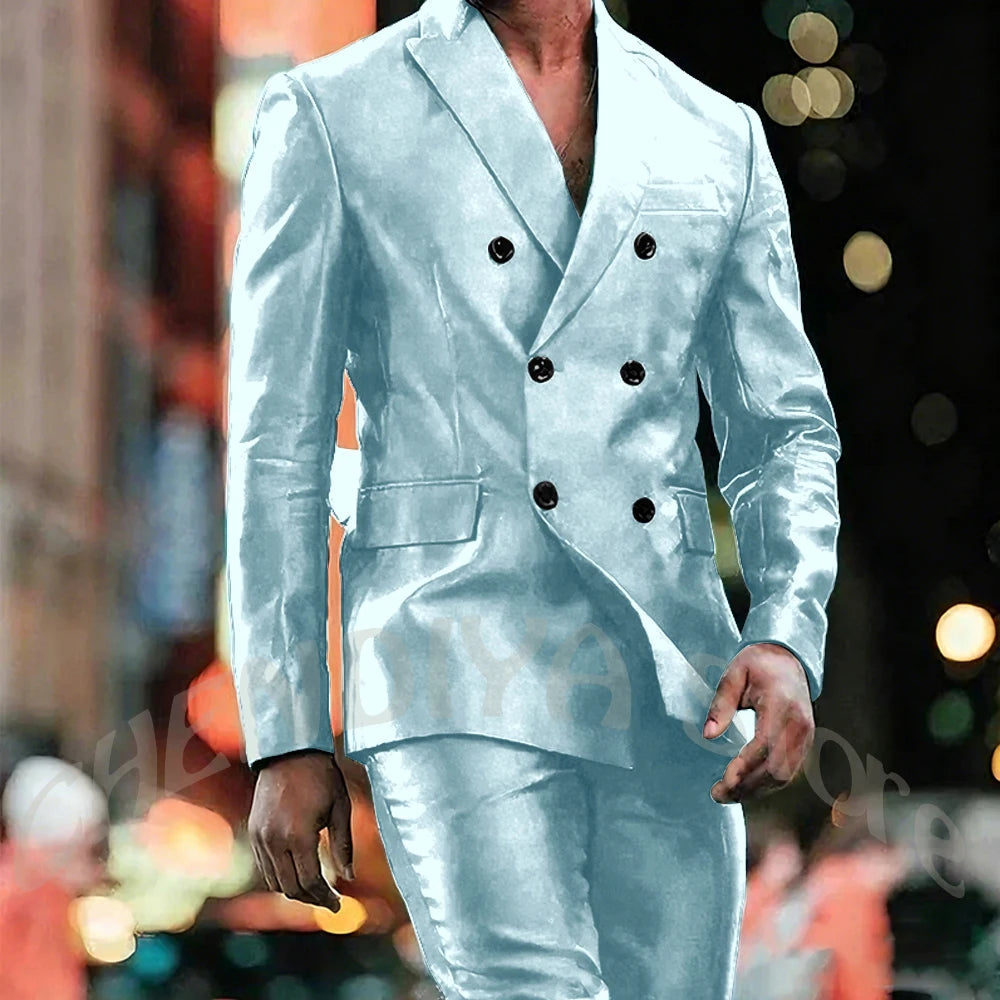 Elegant Satin Men Suit 2 Pieces Peaked Lapel Handsome Tailor-Made Custom Man Fashion Clothes Set Smart Casual Jacket Pants