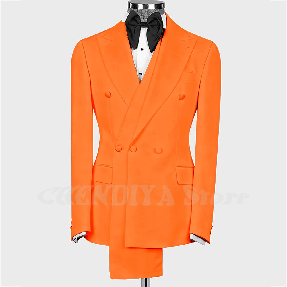 High Quality Man Suit Two Piece Peaked Lapel Slim Fit Jacket with Black Pants Formal Outfit Business Party Groom Wedding Set