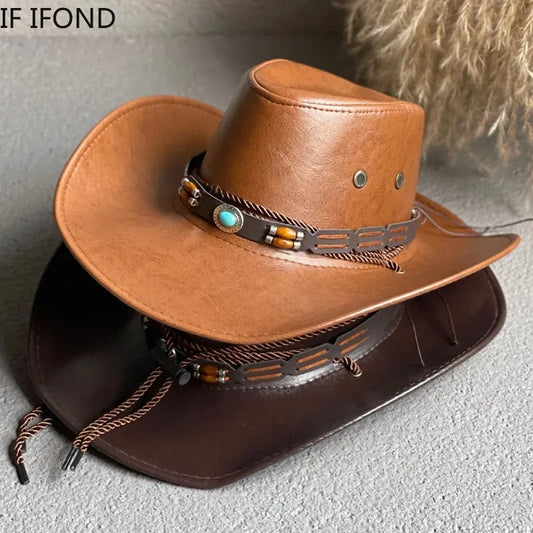 Faux Leather Western Cowboy Hats For Women Men Vintage Gentleman Dress Hats Panama Cowgirl Jazz Cap Sombrero Hombre