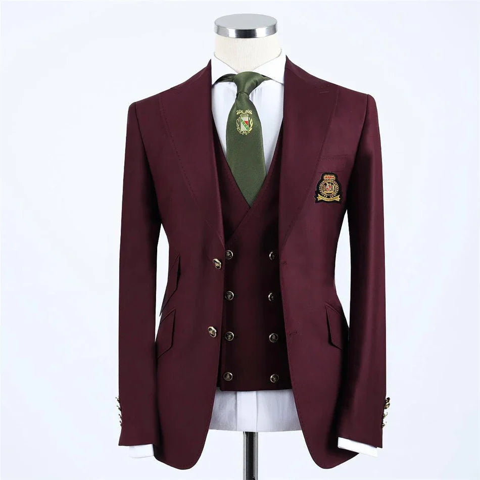 Klassischer Burgunder Voller Männeranzug für Hochzeitsfeier 3PCS Blazer Weste Hosen Business tragen formelle Smokingkostüm Homme