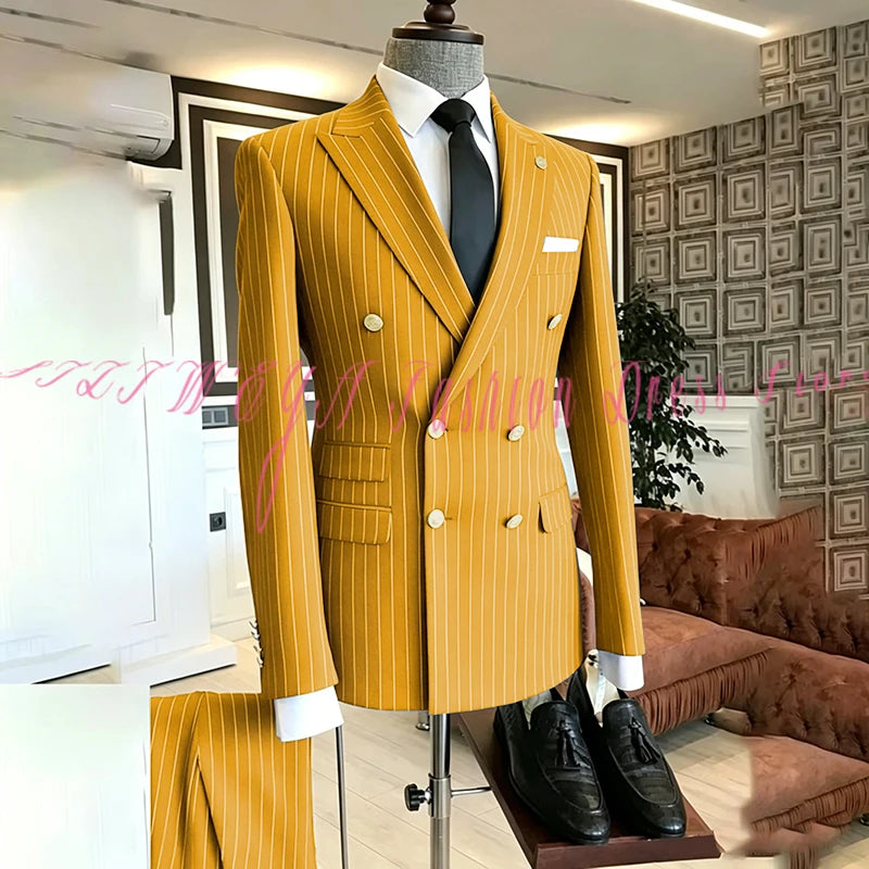 2025 Men's High-End Boutique Suit Stripe Trousers Set Wedding Party Fashion Business Casual Trendy Two-Piece Ensemble