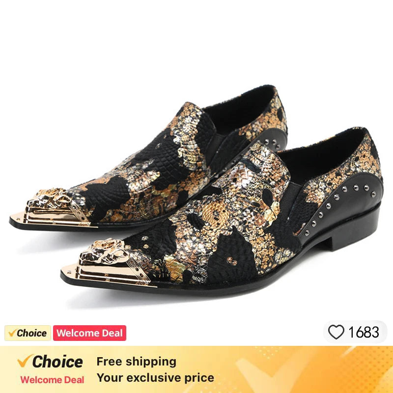 2024 Western Fashion Pointed Metal Toe Dress Shoes Blue Grey Party Wedding Leather Shoes for Men