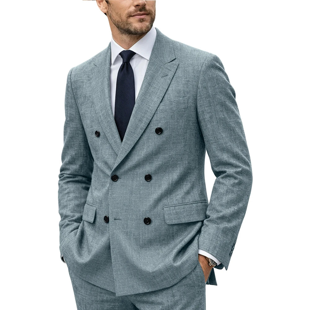 Men's Linen Suit Set  Double Breasted Slim Fit Peak Lapel Formal Blazer Pants Breathable Business Wedding Groom Tuxedo