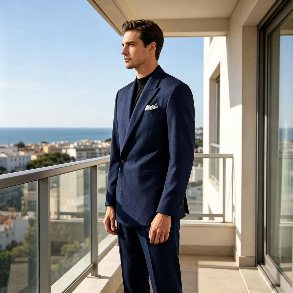 Men's Serge Suit Set Jacket Premium One Button Peak Lapel Slim Fit Tuxedo 2 Piece Blazer Pants Casual Business Wedding Formal