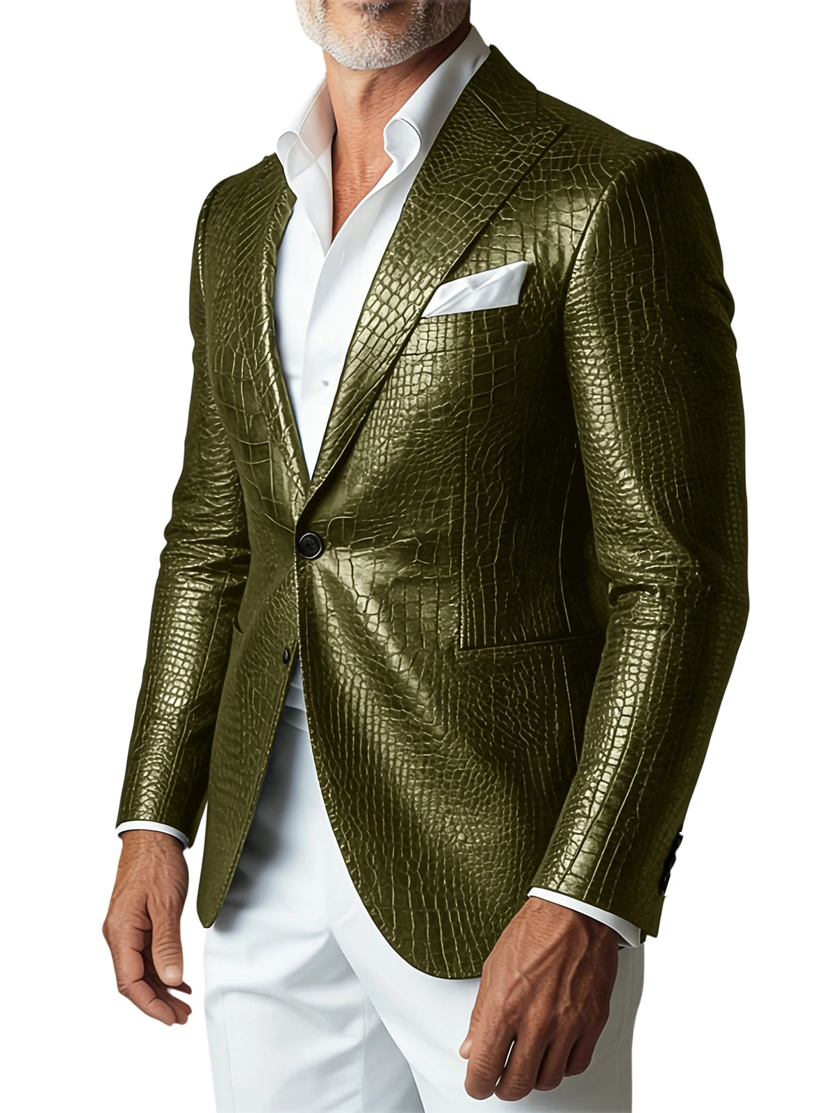 Men Elegant Brown Crocodile PU Leather Blazer Shawl Lapel Long Sleeve Pocket With Belt Business Casual Male Fashion Suit Jacket