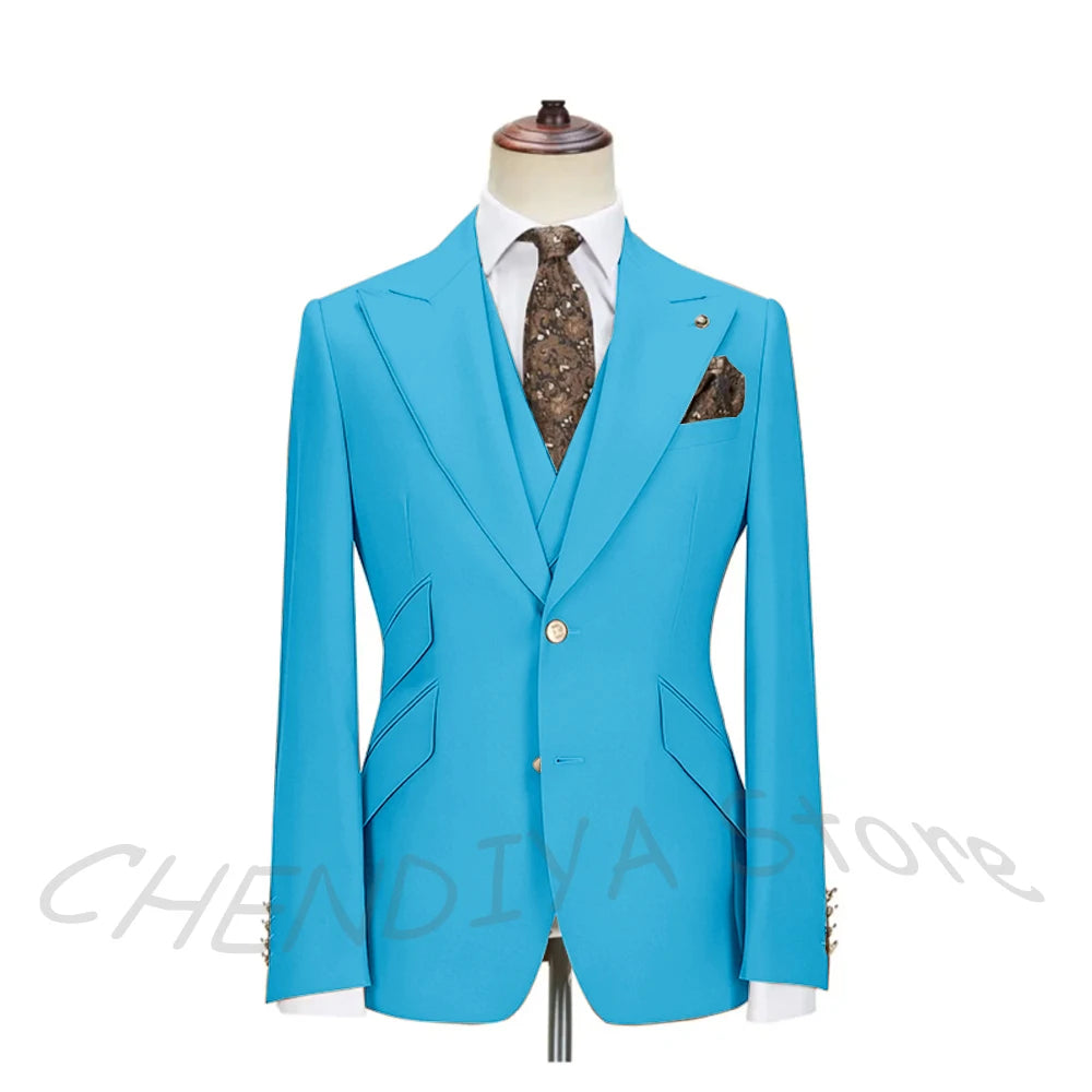 Solid Color Men's Suits 3 Piece (Blazer+Pants+Vest) Fashion Peak Lapel Single Breasted Prom Male  Business Casual Clothing