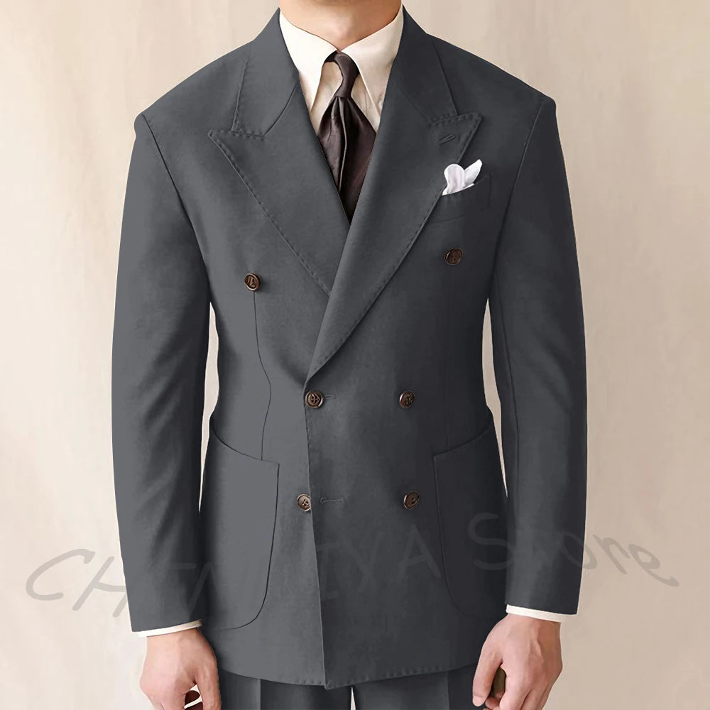 British Style Men Suits Casual Business Double Breasted Suit Jacket Wedding Groom Business Social Banquet Tuxedo Costume
