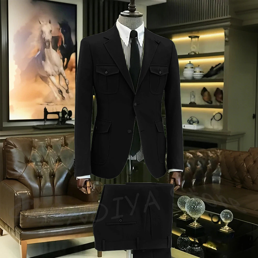 Customized Men Suits Solid Color Four Pockets Notch Lapel Outfits Formal Party Prom Daily Male Sets Two Piece(Blazer+Pants)