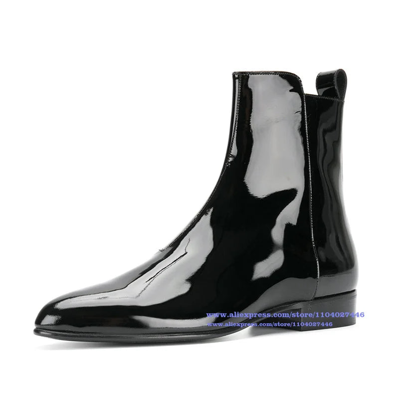 Patent Leather Shiny Chelsea Boots for Men Pointed Toe Side Zipper Men's British Style Boots Luxury Trendy Stylish New Style