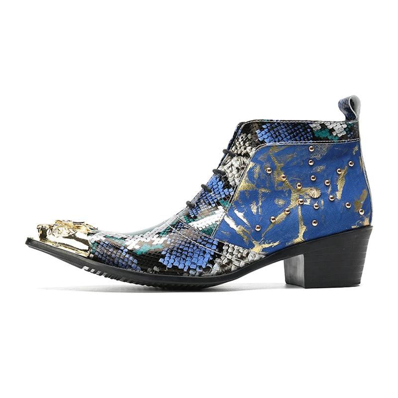 Men's Metal Pointed Chelsea Boots Ankle Boots Lace Up Zipper Leather High Heels Party Dance Dress Shoes