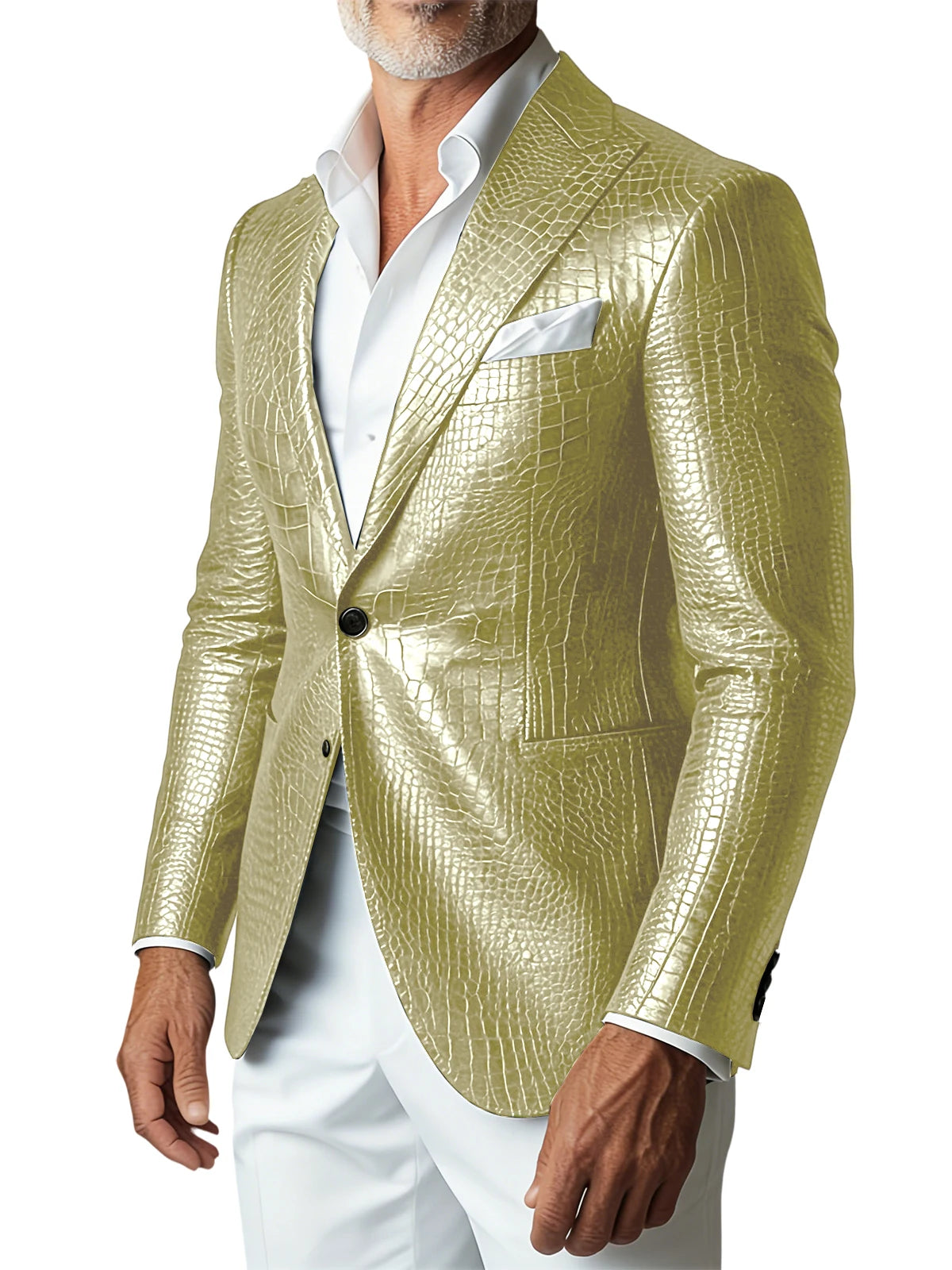Men Elegant Brown Crocodile PU Leather Blazer Shawl Lapel Long Sleeve Pocket With Belt Business Casual Male Fashion Suit Jacket