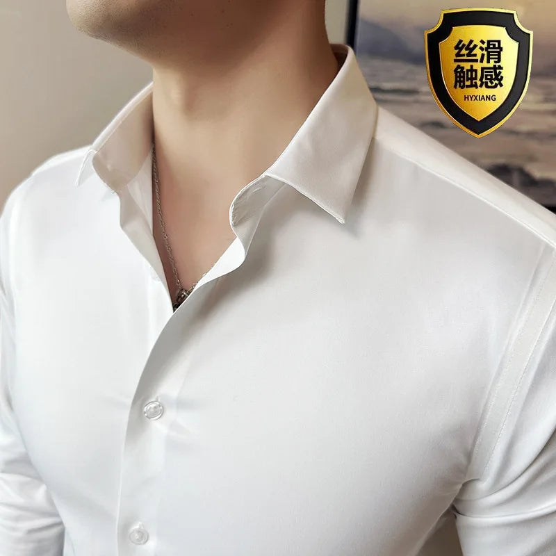 Seamless silk business casual shirt, long sleeved white non ironing elastic silk sliding cross shirt, men's formal wear