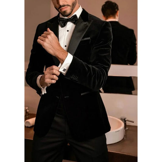 Classic Black Velvet Suits for Men Peak Lapel Single Breasted Male Suit Casual Office Business Wedding Tuxedo 2 Piece