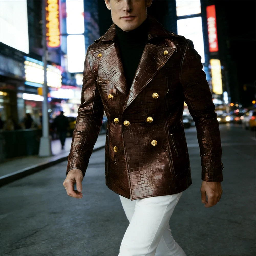Men's Crocodile Embossed Leather Blazer Double Breasted Trench Coat Wide Lapel Gold Button Slim Fit Jacket For Four Season