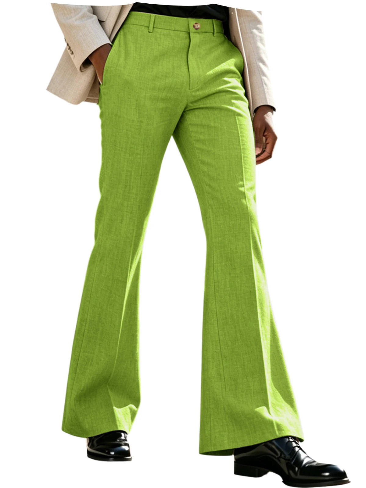 Men's Beige Linen Flare Pants High Waist Bell Bottom Lightweight Wrinkle Resistant Slim Fit Trousers For Summer Business Casual