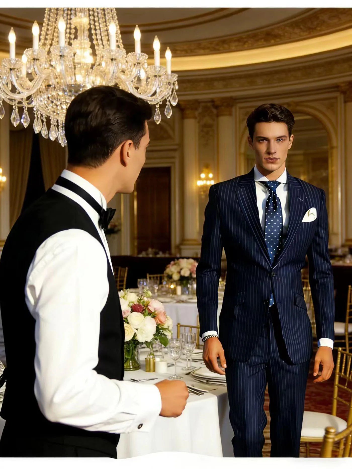 Mens Pinstripe Suit Tuxedo 2-Piece Slim Fit Blazer Pants Set Formal Business Wedding Jacket Trousers For Spring