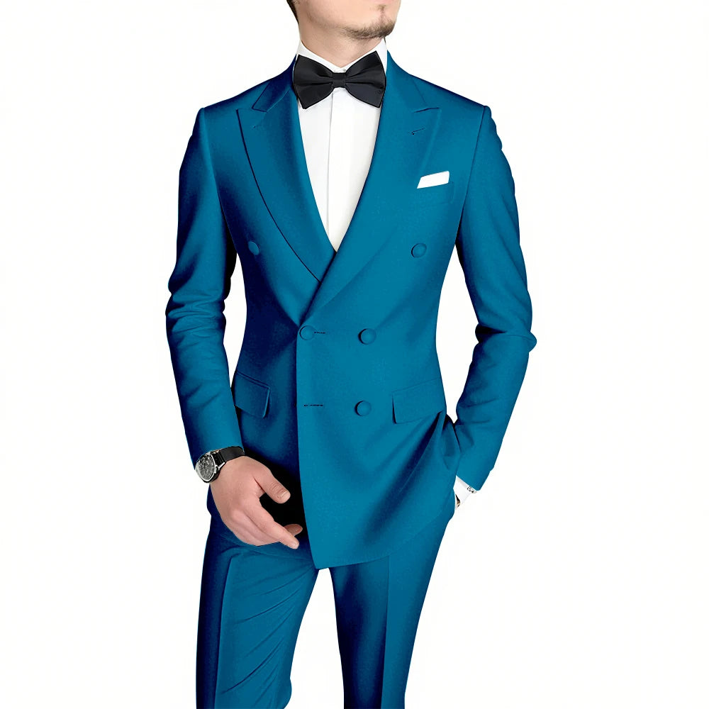 Classic Black Men's Suit Fashion Peak Lapel Double Breasted Outfits Wedding Groom Prom Business Formal Suit (Jacket+Pants)