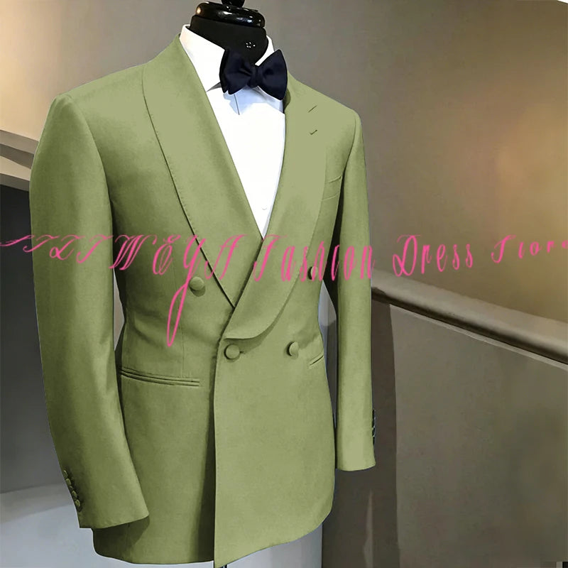 Blue Double Breasted Men's Suit Wedding Groom Tuxedo High Quality Boutique Male Clothing Jacket+Pants