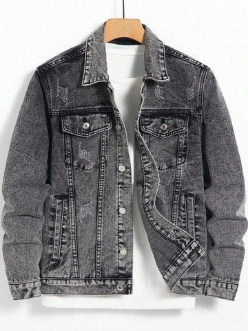 Men's denim jacket for spring and autumn. Dark gray denim coat. Retro, trendy and fashionable. For daily casual wear.