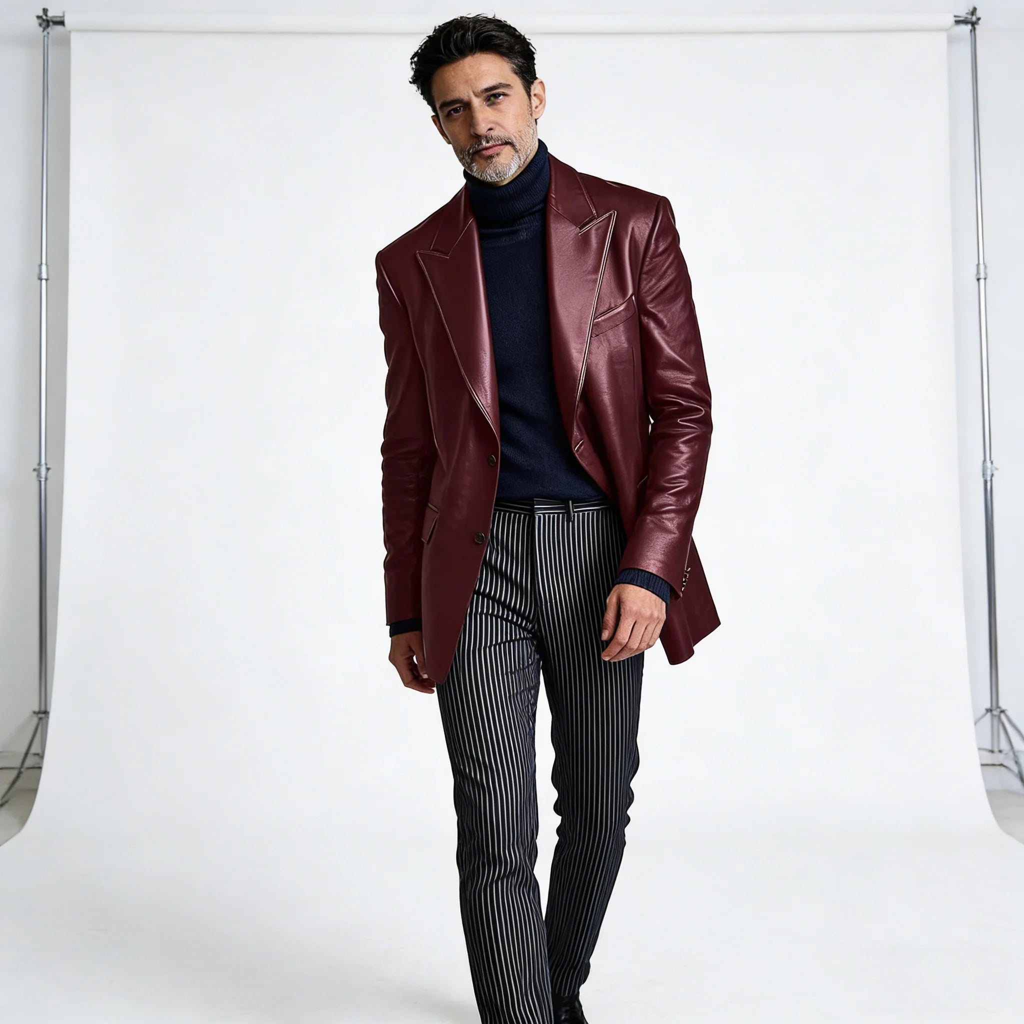 Men's Dress Leather Jacket Burgundy Luxury Slim Fit Notchde Lapel Flap Pocket Retro Soft Sport Coat For Business Casual