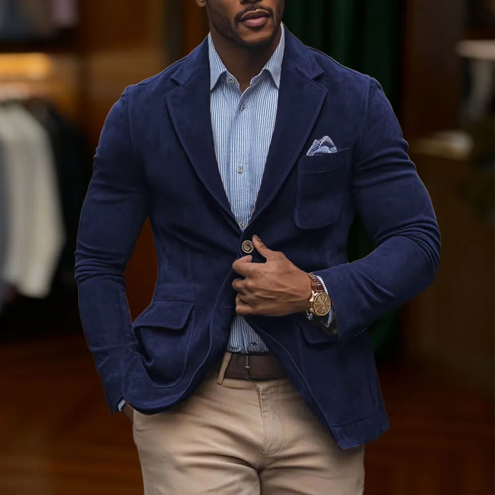 Men's Suede Brown Blazer Vintage Slim Fit Notched Lapel Formal Jacket High Quality Flap Pocket Sport Coat For Business Casual