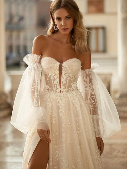 Romantic Sweetheart Neck Wedding Dress Classic Lace Appliques Bride Robe Elegant A-line Long Bridal Gown Robe De Mariée