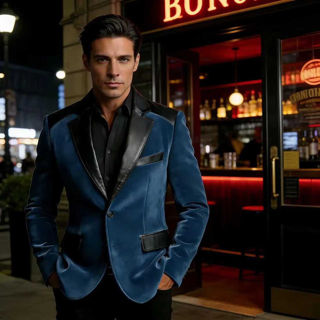 Men's Velvet Blazer with Leather Patchwork Slim Fit Two Button Peak Lapel Suit Jacket for Business Wedding Party Flap Pockets
