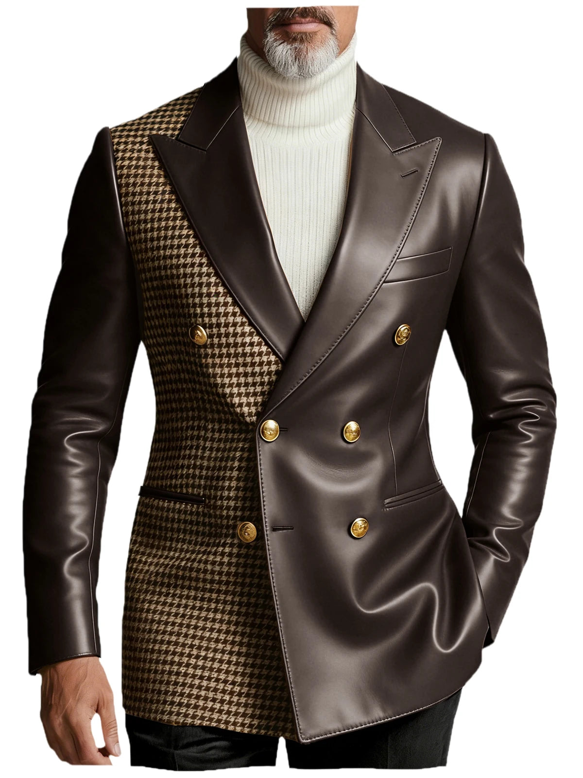 Men's Houndstooth Faux Leather Patchwork Blazer Jacket Double Breasted Peak Lapel Gold Button Slim Fit Suit For Business Casual