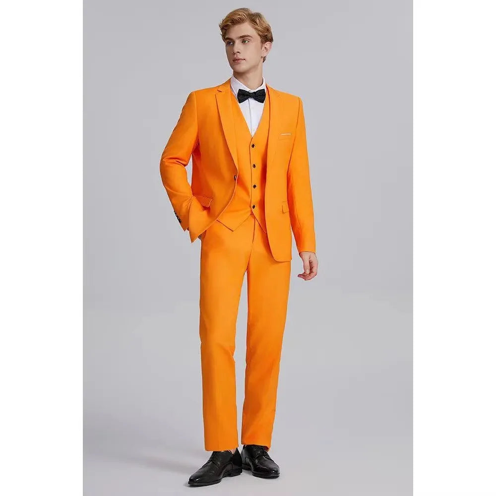 Classic Orange Suit for Men Business Work Clothes Office Formal Slim fit Blazer Pants Vest 3-piece Set Groom Wedding Tuxedo
